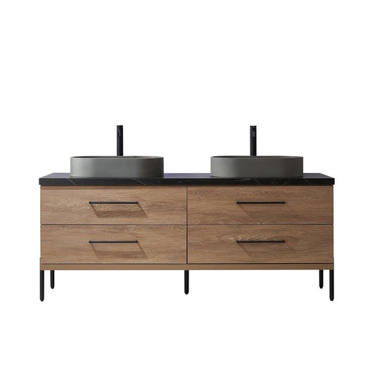 Vinnova Trento 72" Double Sink Bath Vanity In North American Oak With Black Sintered Stone Top With Oval Concrete Sink