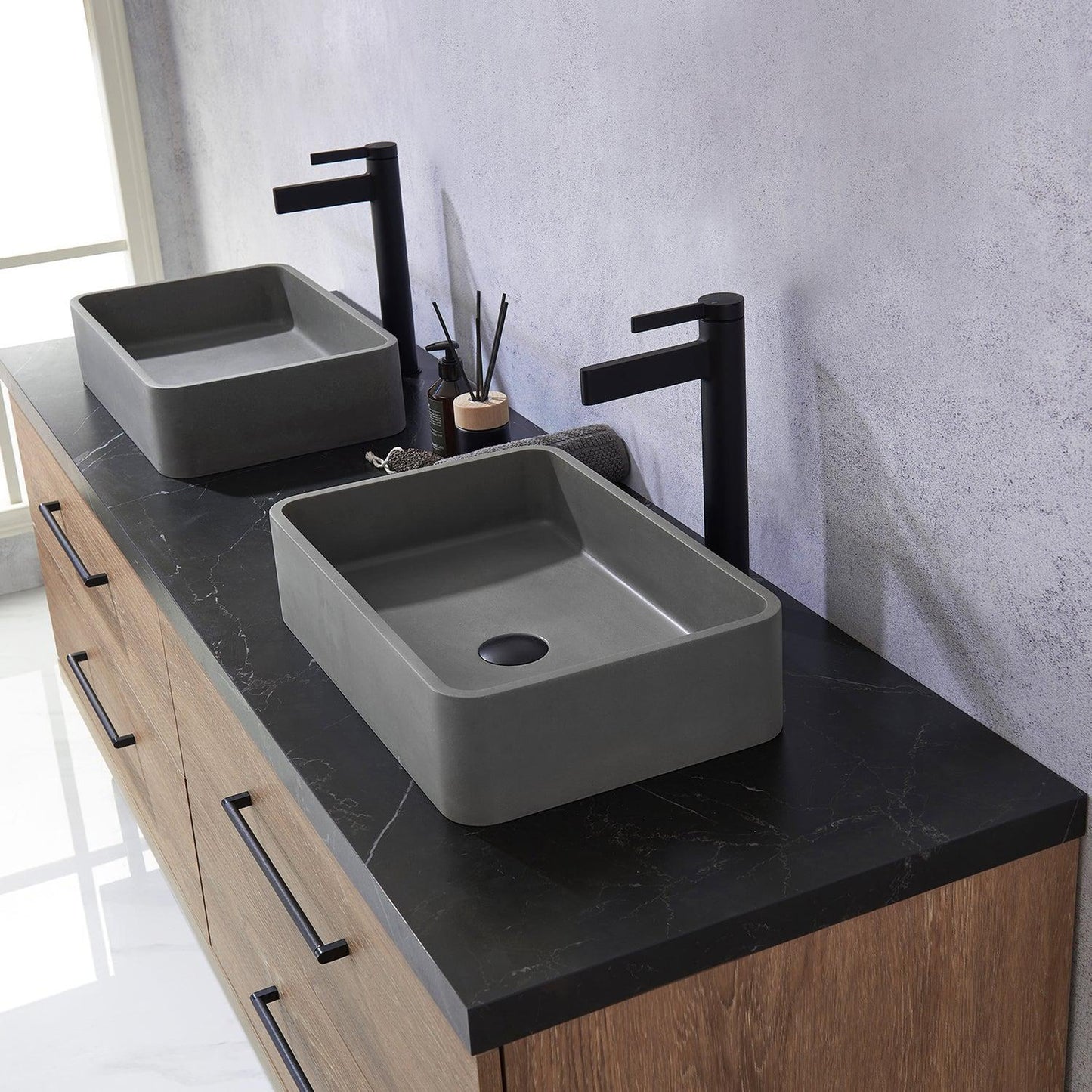 Vinnova Trento 72" Double Sink Bath Vanity In North American Oak With Black Sintered Stone Top With Rectangular Concrete Sink