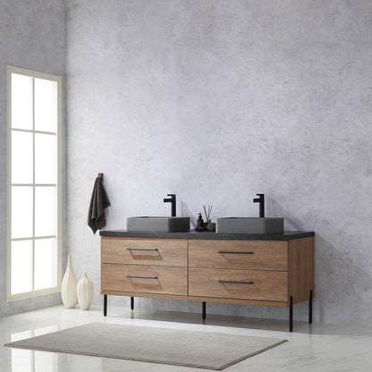 Vinnova Trento 72" Double Sink Bath Vanity In North American Oak With Black Sintered Stone Top With Rectangular Concrete Sink