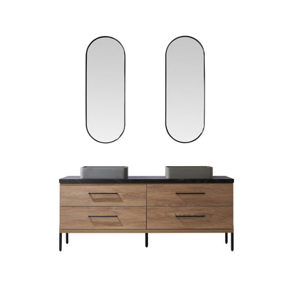 Vinnova Trento 72" Double Sink Bath Vanity In North American Oak With Black Sintered Stone Top With Rectangular Concrete Sink And Mirror