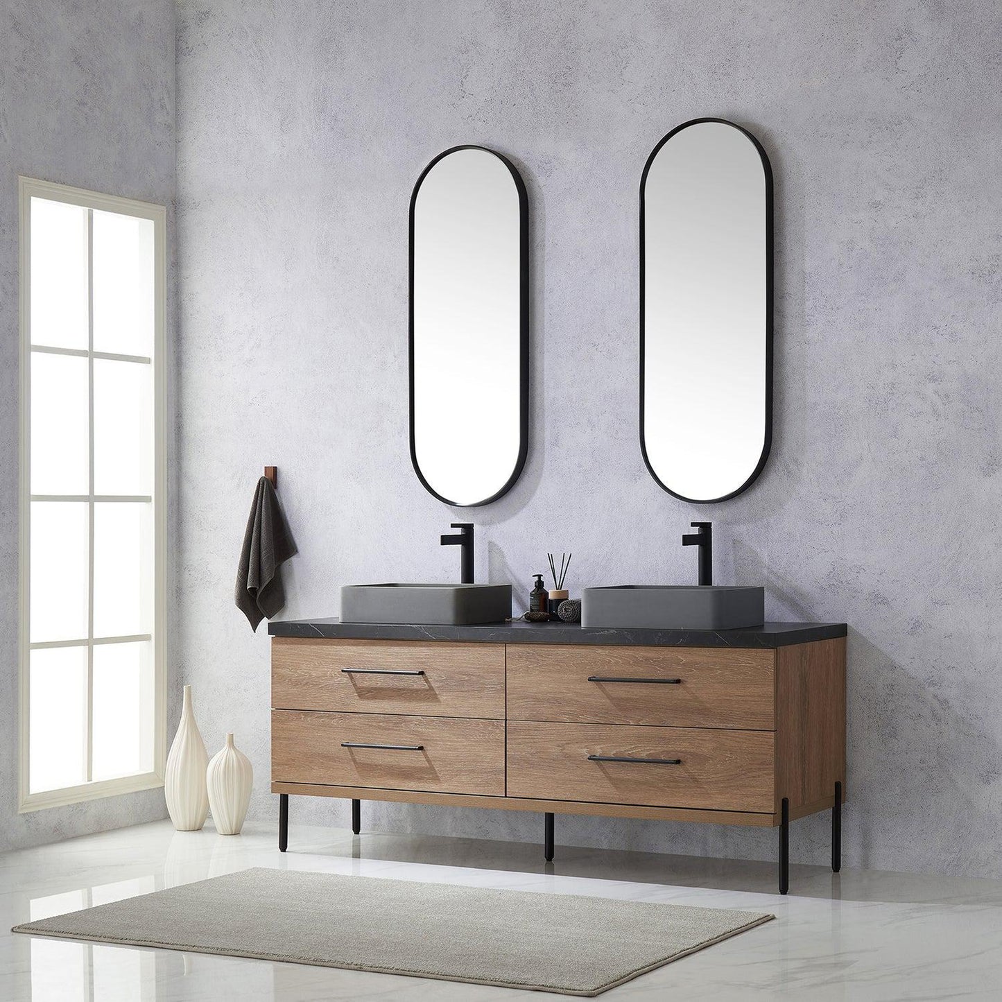 Vinnova Trento 72" Double Sink Bath Vanity In North American Oak With Black Sintered Stone Top With Rectangular Concrete Sink And Mirror