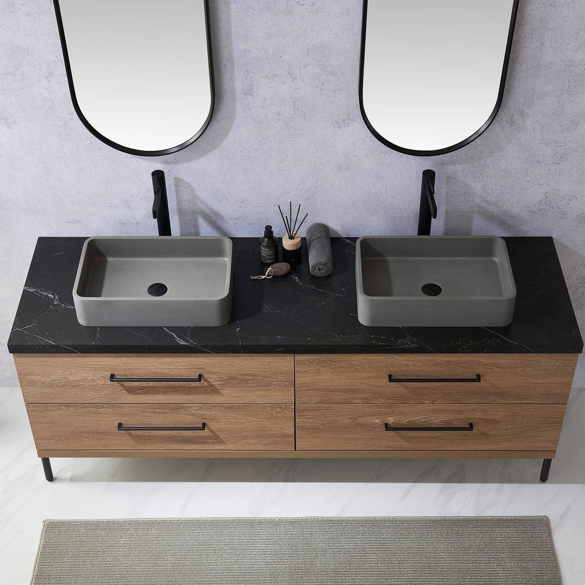 Vinnova Trento 72" Double Sink Bath Vanity In North American Oak With Black Sintered Stone Top With Rectangular Concrete Sink And Mirror