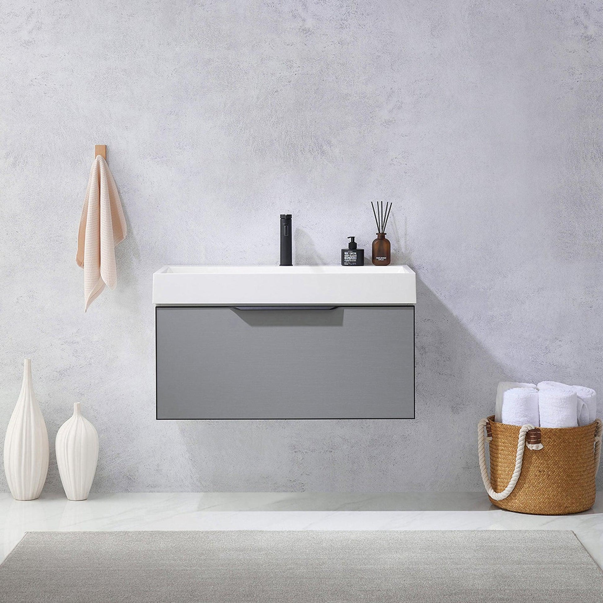 Vinnova Vegadeo 36" Single Sink Bath Vanity In Grey Finish With White One-Piece Composite Stone Sink Top