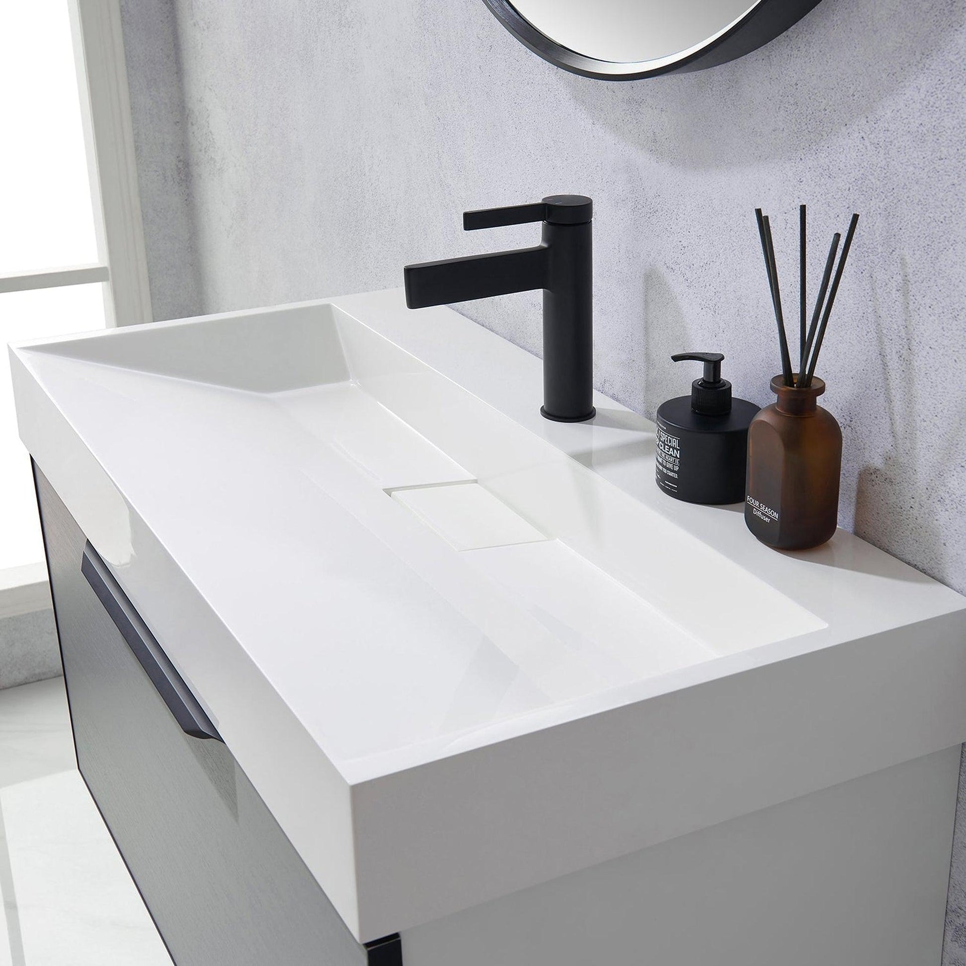 Vinnova Vegadeo 36" Single Sink Bath Vanity In Grey Finish With White One-Piece Composite Stone Sink Top And Mirror