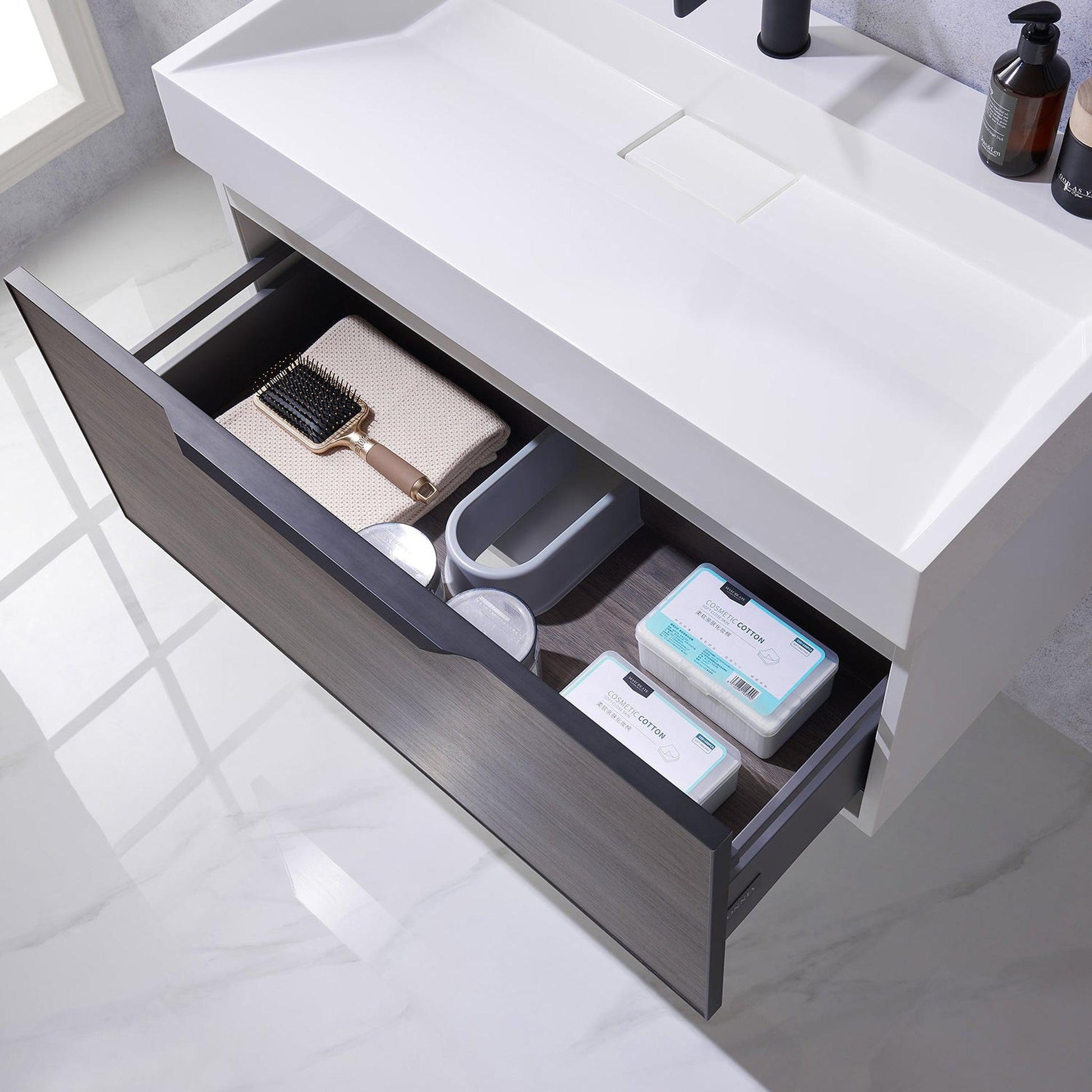 Vinnova Vegadeo 36" Single Sink Bath Vanity In Suleiman Oak Finish With White One-Piece Composite Stone Sink Top And Mirror