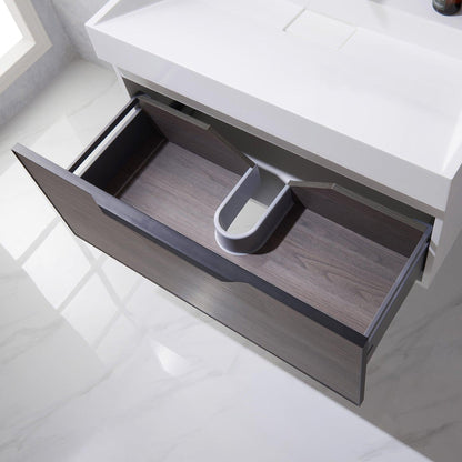 Vinnova Vegadeo 36" Single Sink Bath Vanity In Suleiman Oak Finish With White One-Piece Composite Stone Sink Top And Mirror