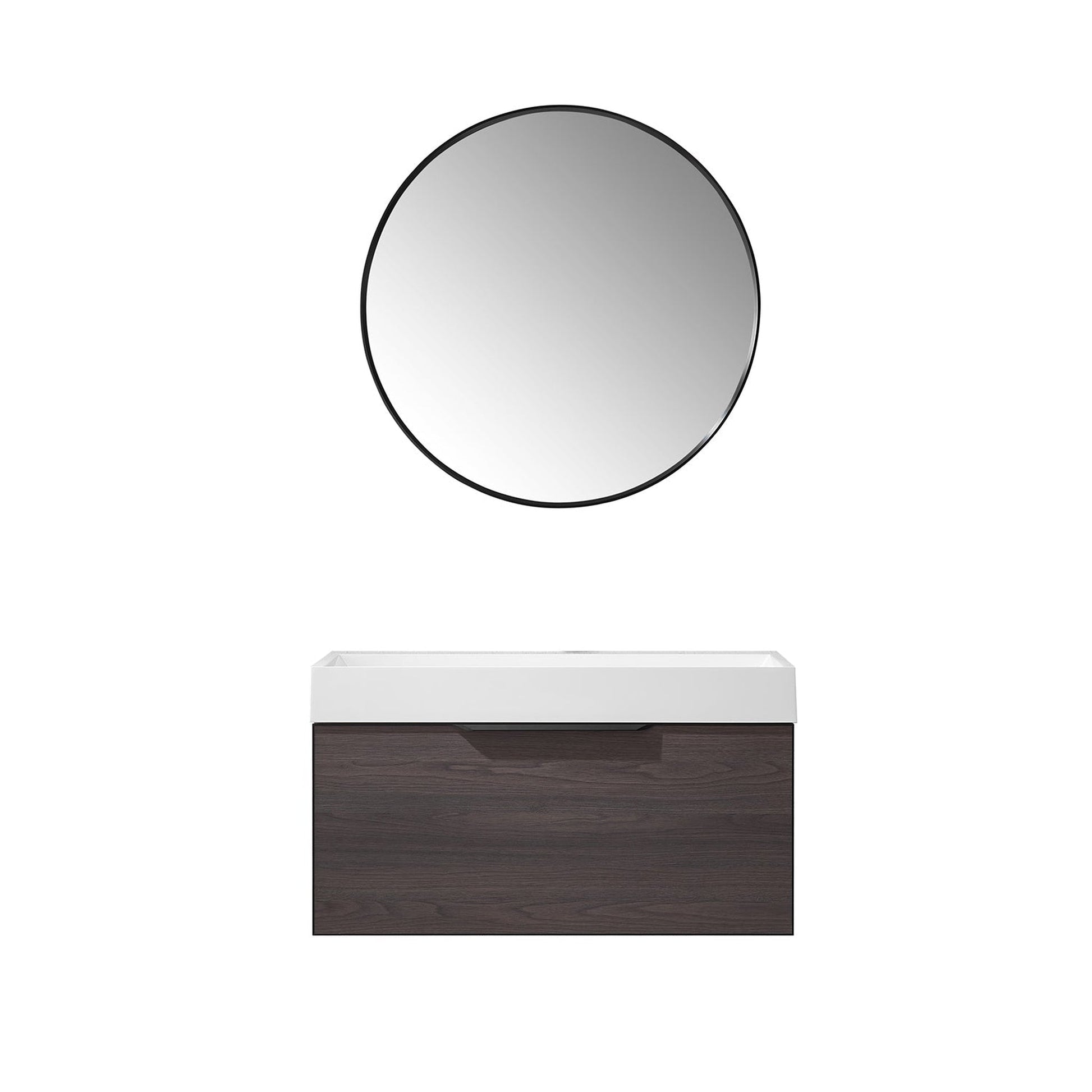 Vinnova Vegadeo 36" Single Sink Bath Vanity In Suleiman Oak Finish With White One-Piece Composite Stone Sink Top And Mirror