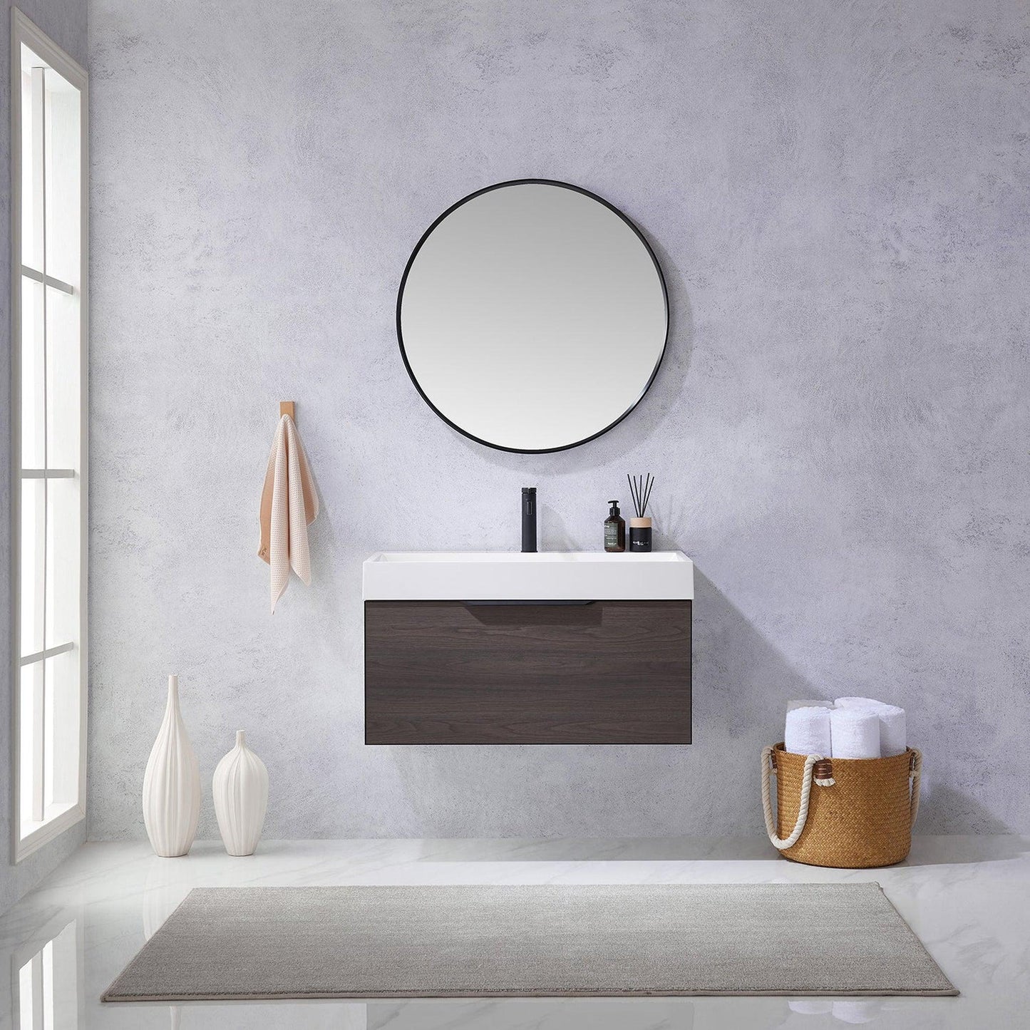 Vinnova Vegadeo 36" Single Sink Bath Vanity In Suleiman Oak Finish With White One-Piece Composite Stone Sink Top And Mirror