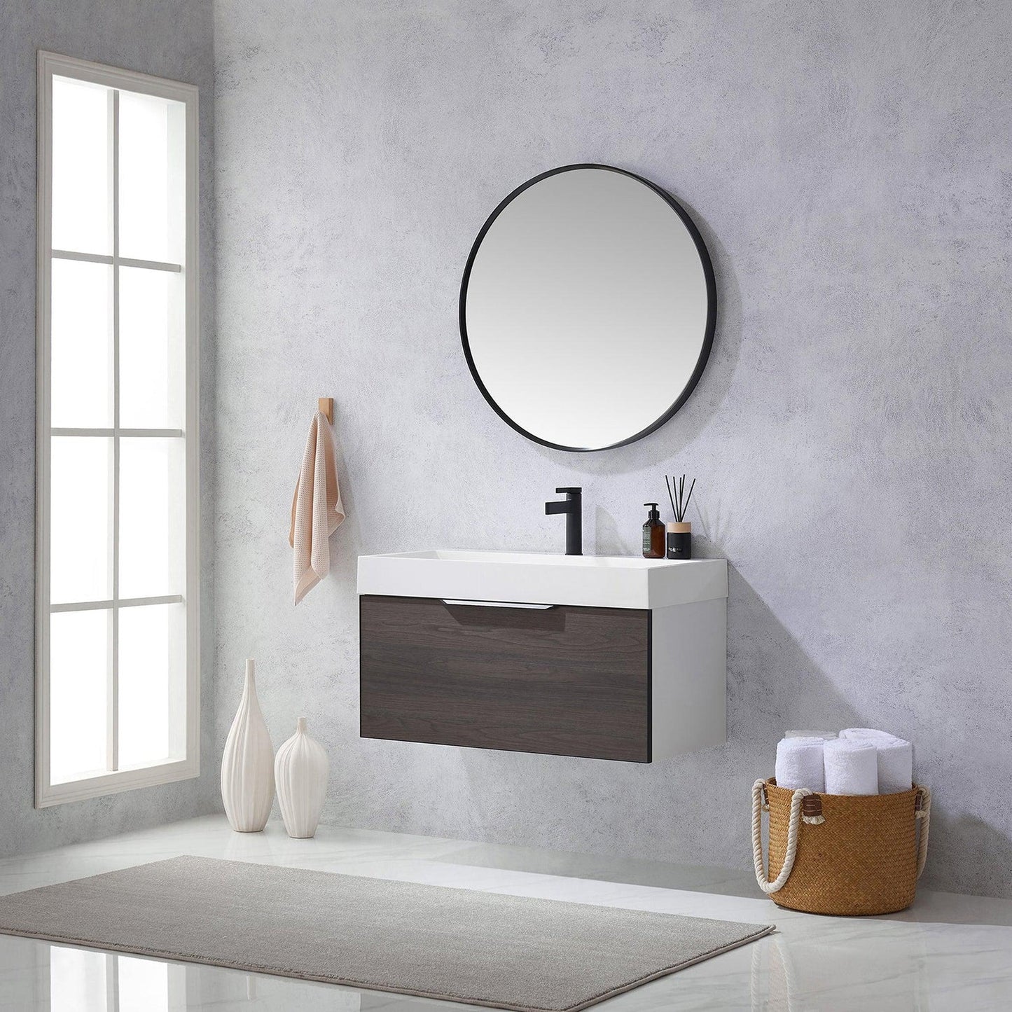 Vinnova Vegadeo 36" Single Sink Bath Vanity In Suleiman Oak Finish With White One-Piece Composite Stone Sink Top And Mirror