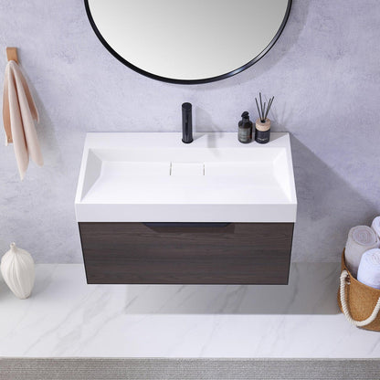 Vinnova Vegadeo 36" Single Sink Bath Vanity In Suleiman Oak Finish With White One-Piece Composite Stone Sink Top And Mirror