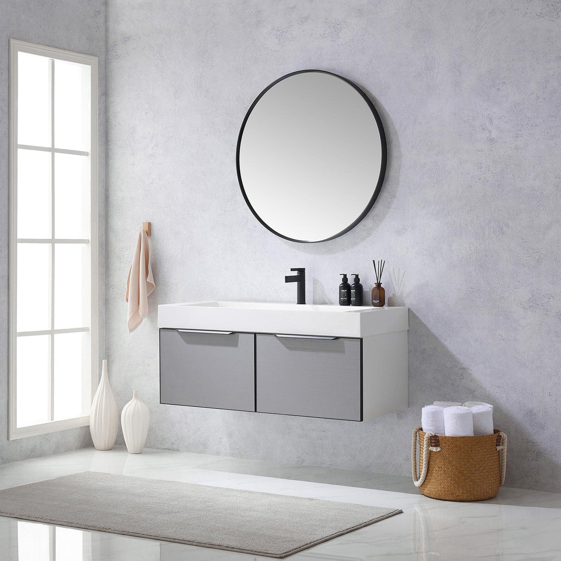 Vinnova Vegadeo 48" Single Sink Bath Vanity In Grey Finish With White One-Piece Composite Stone Sink Top And Mirror