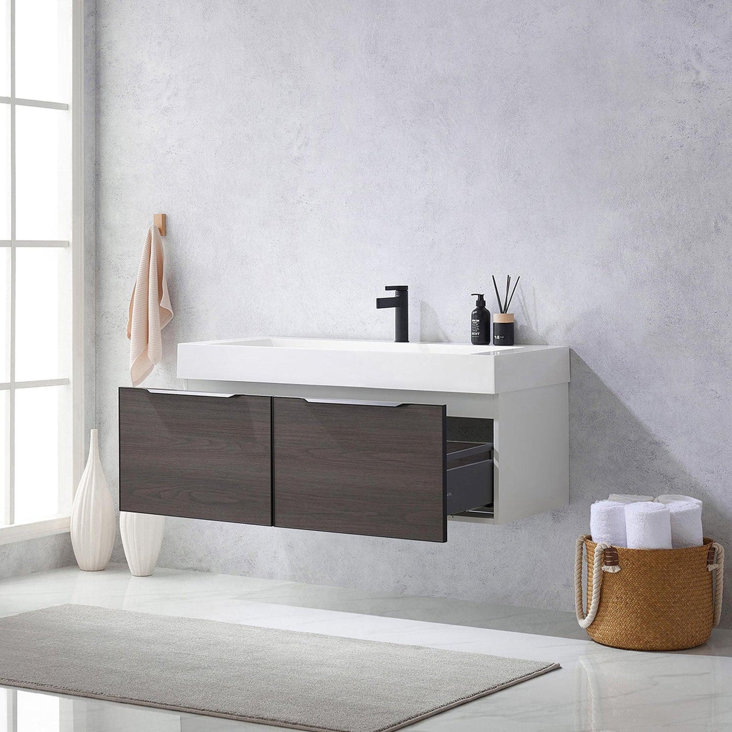 Vinnova Vegadeo 48" Single Sink Bath Vanity In Suleiman Oak Finish With White One-Piece Composite Stone Sink Top