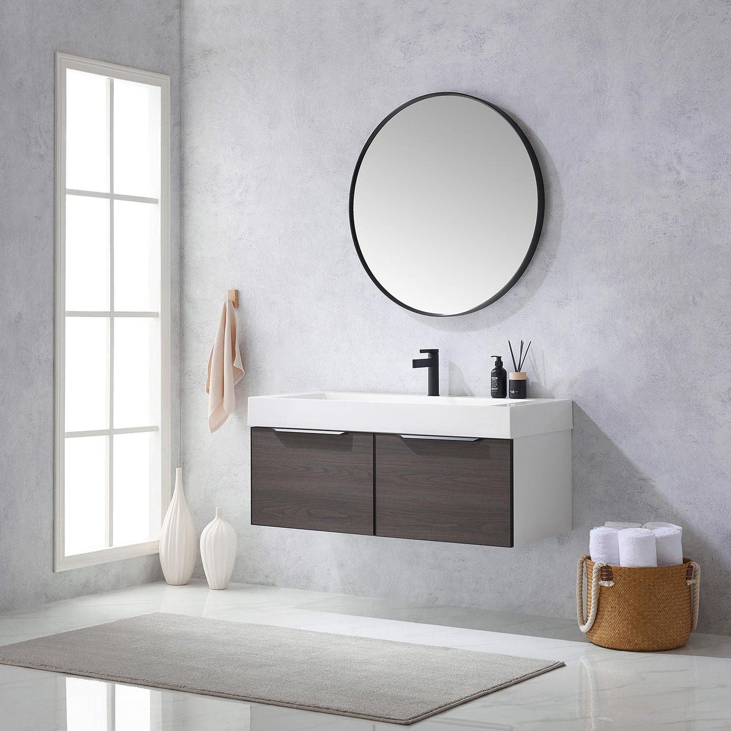 Vinnova Vegadeo 48" Single Sink Bath Vanity In Suleiman Oak Finish With White One-Piece Composite Stone Sink Top And Mirror