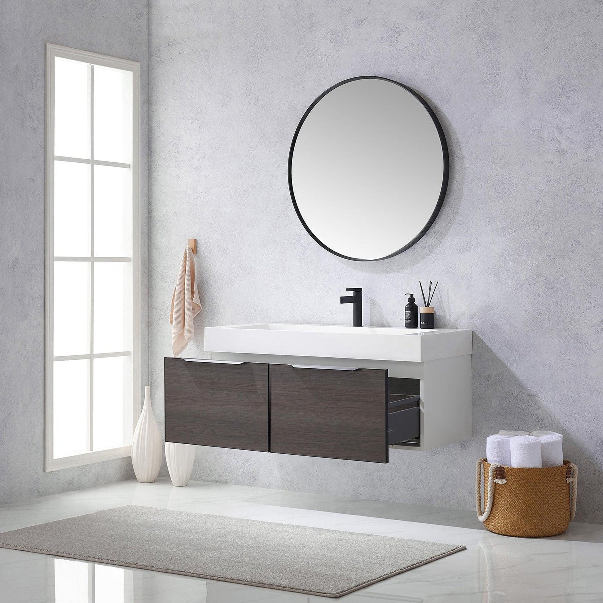 Vinnova Vegadeo 48" Single Sink Bath Vanity In Suleiman Oak Finish With White One-Piece Composite Stone Sink Top And Mirror