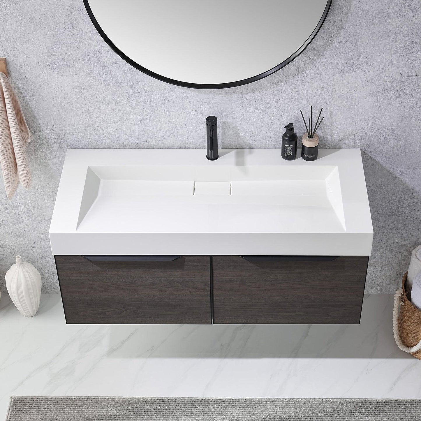 Vinnova Vegadeo 48" Single Sink Bath Vanity In Suleiman Oak Finish With White One-Piece Composite Stone Sink Top And Mirror