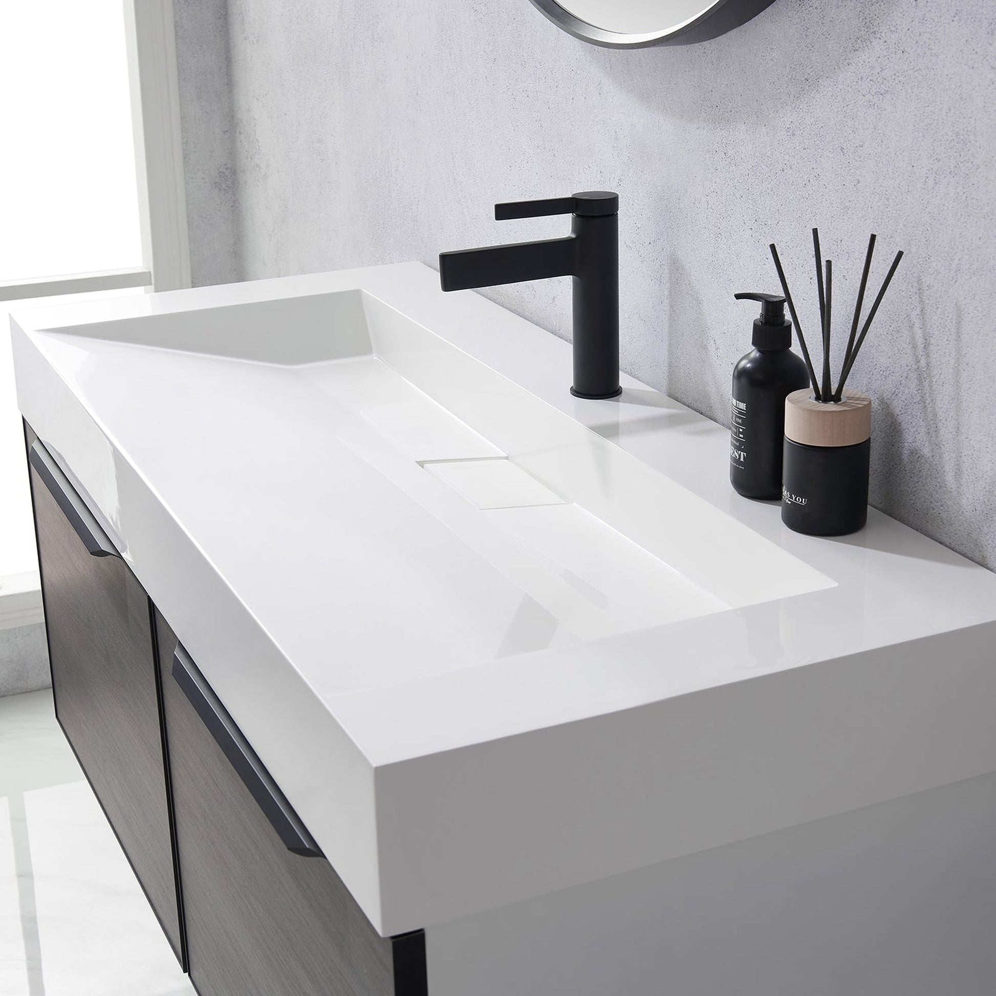 Vinnova Vegadeo 48" Single Sink Bath Vanity In Suleiman Oak Finish With White One-Piece Composite Stone Sink Top And Mirror