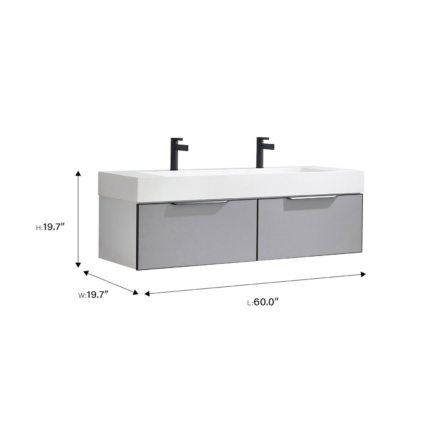 Vinnova Vegadeo 60" Double Sink Bath Vanity In Grey Finish With White One-Piece Composite Stone Sink Top