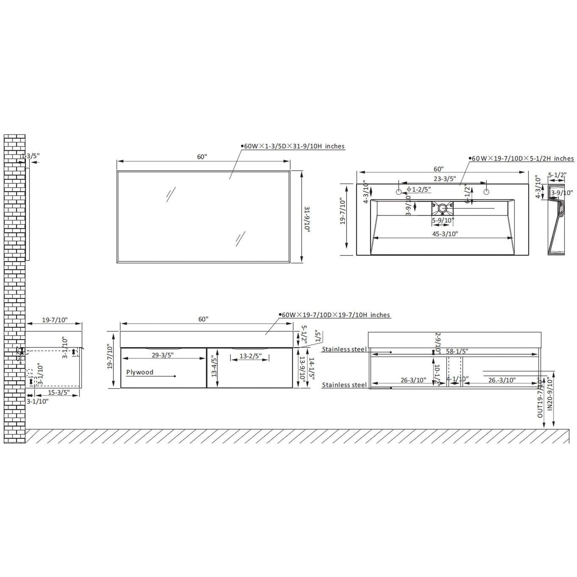 Vinnova Vegadeo 60" Double Sink Bath Vanity In Grey Finish With White One-Piece Composite Stone Sink Top And Mirror