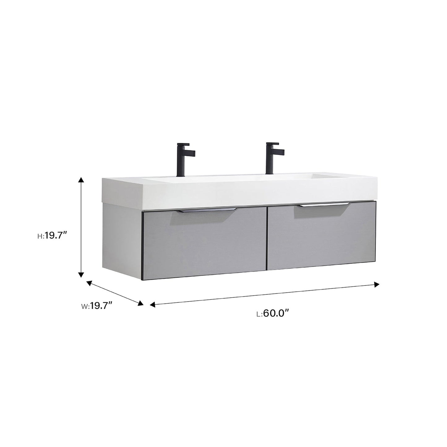 Vinnova Vegadeo 60" Double Sink Bath Vanity In Grey Finish With White One-Piece Composite Stone Sink Top And Mirror