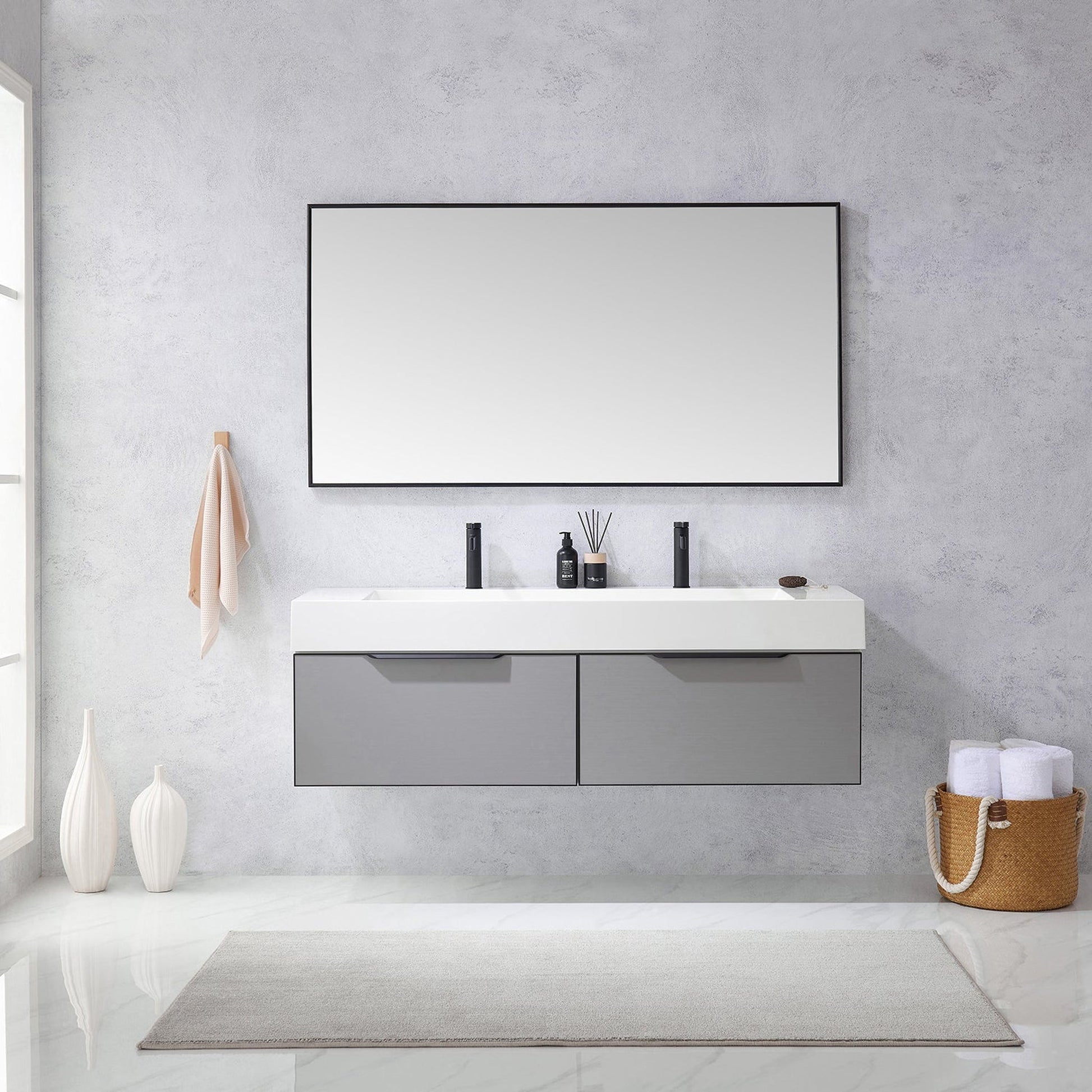 Vinnova Vegadeo 60" Double Sink Bath Vanity In Grey Finish With White One-Piece Composite Stone Sink Top And Mirror