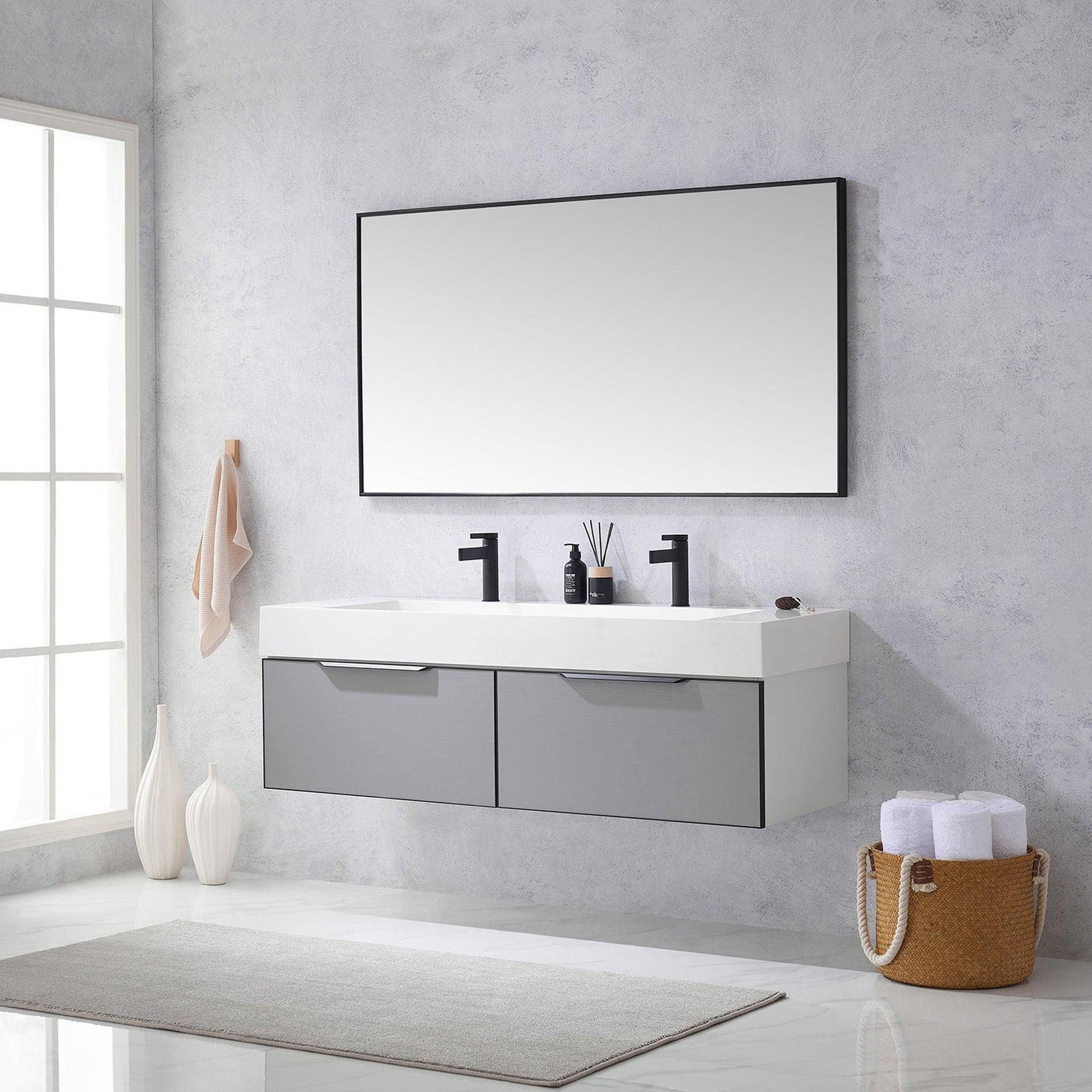 Vinnova Vegadeo 60" Double Sink Bath Vanity In Grey Finish With White One-Piece Composite Stone Sink Top And Mirror