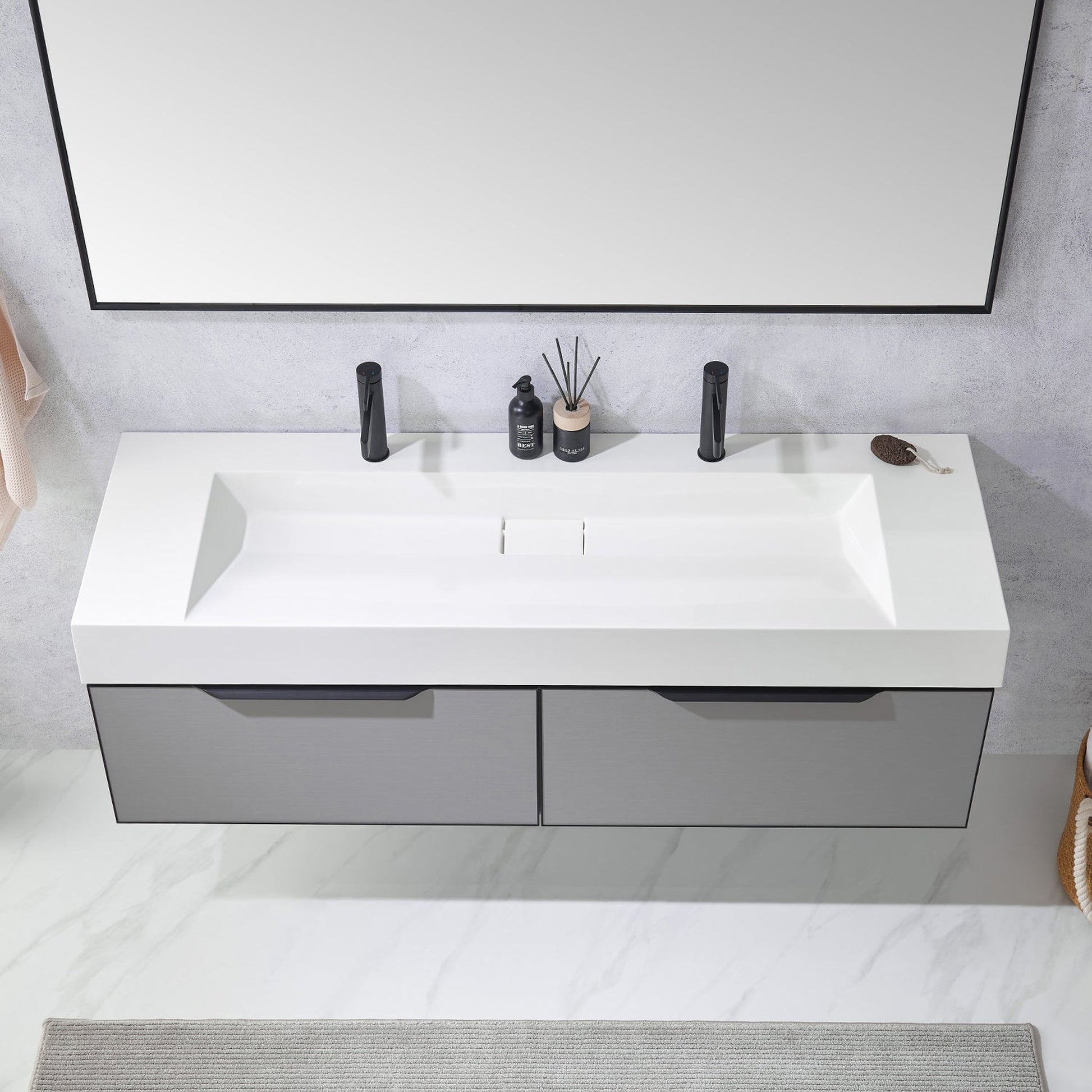 Vinnova Vegadeo 60" Double Sink Bath Vanity In Grey Finish With White One-Piece Composite Stone Sink Top And Mirror