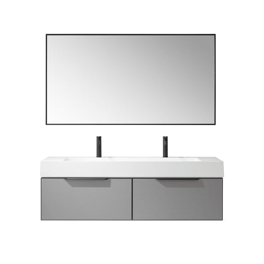 Vinnova Vegadeo 60" Double Sink Bath Vanity In Grey Finish With White One-Piece Composite Stone Sink Top And Mirror