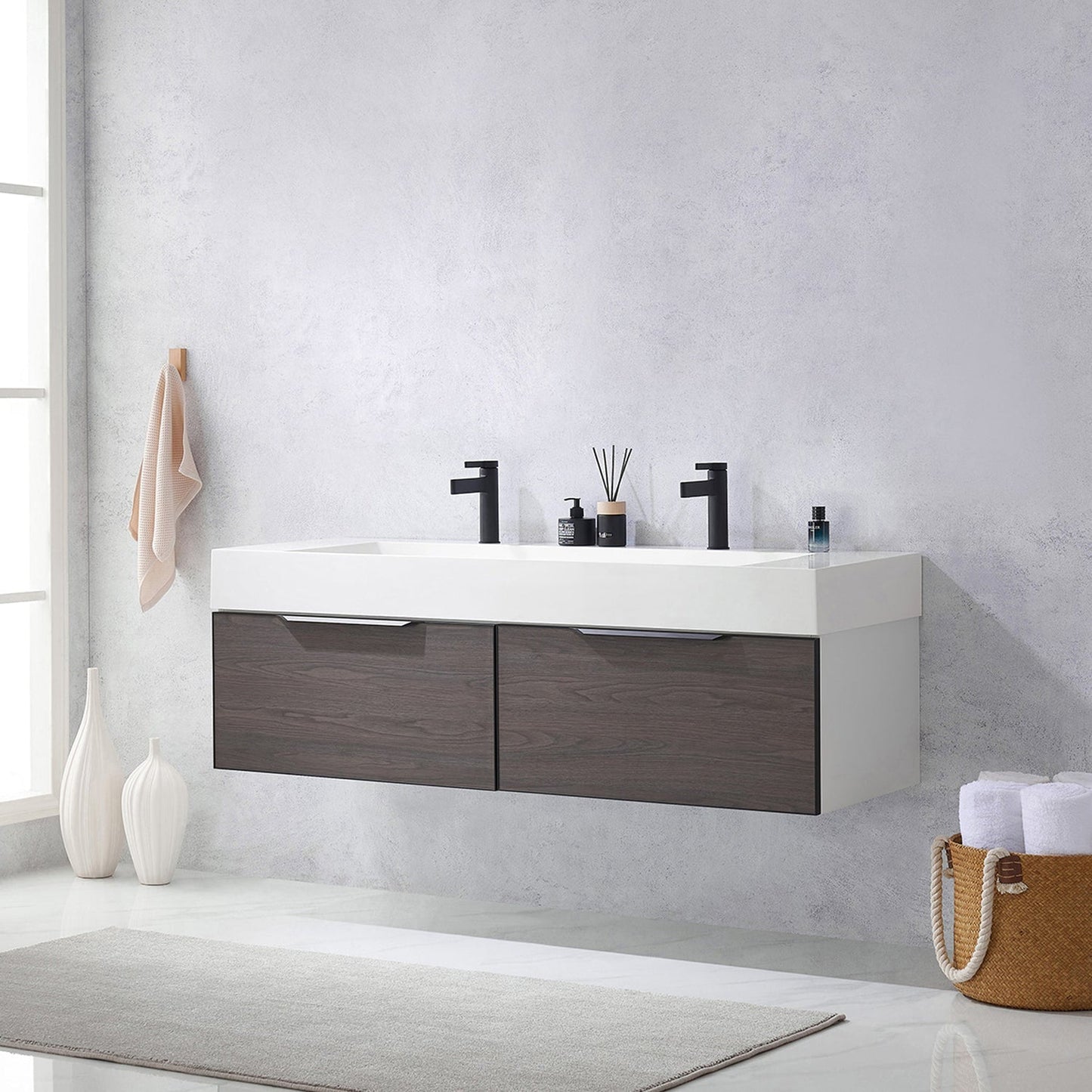 Vinnova Vegadeo 60" Double Sink Bath Vanity In Suleiman Oak Finish With White One-Piece Composite Stone Sink Top