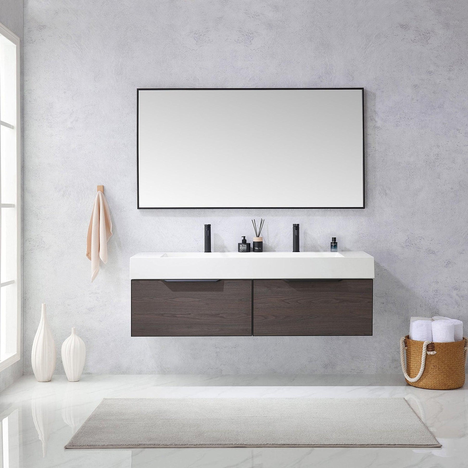 Vinnova Vegadeo 60" Double Sink Bath Vanity In Suleiman Oak Finish With White One-Piece Composite Stone Sink Top And Mirror