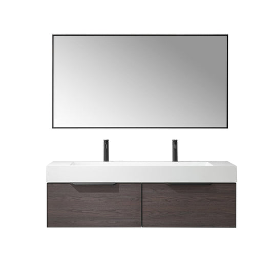 Vinnova Vegadeo 60" Double Sink Bath Vanity In Suleiman Oak Finish With White One-Piece Composite Stone Sink Top And Mirror