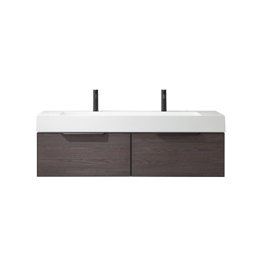 Vinnova Vegadeo 60" Double Sink Bath Vanity In Suleiman Oak Finish With White One-Piece Composite Stone Sink Top