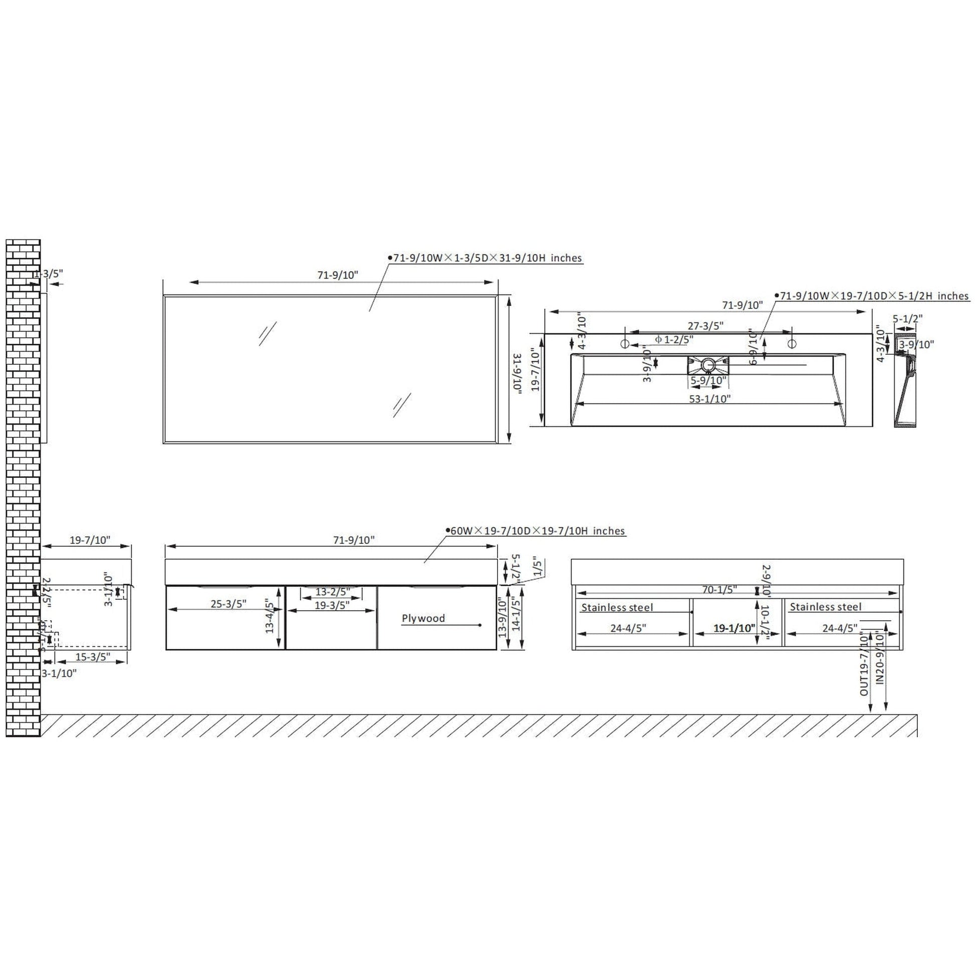 Vinnova Vegadeo 72" Double Sink Bath Vanity In Grey Finish With White One-Piece Composite Stone Sink Top