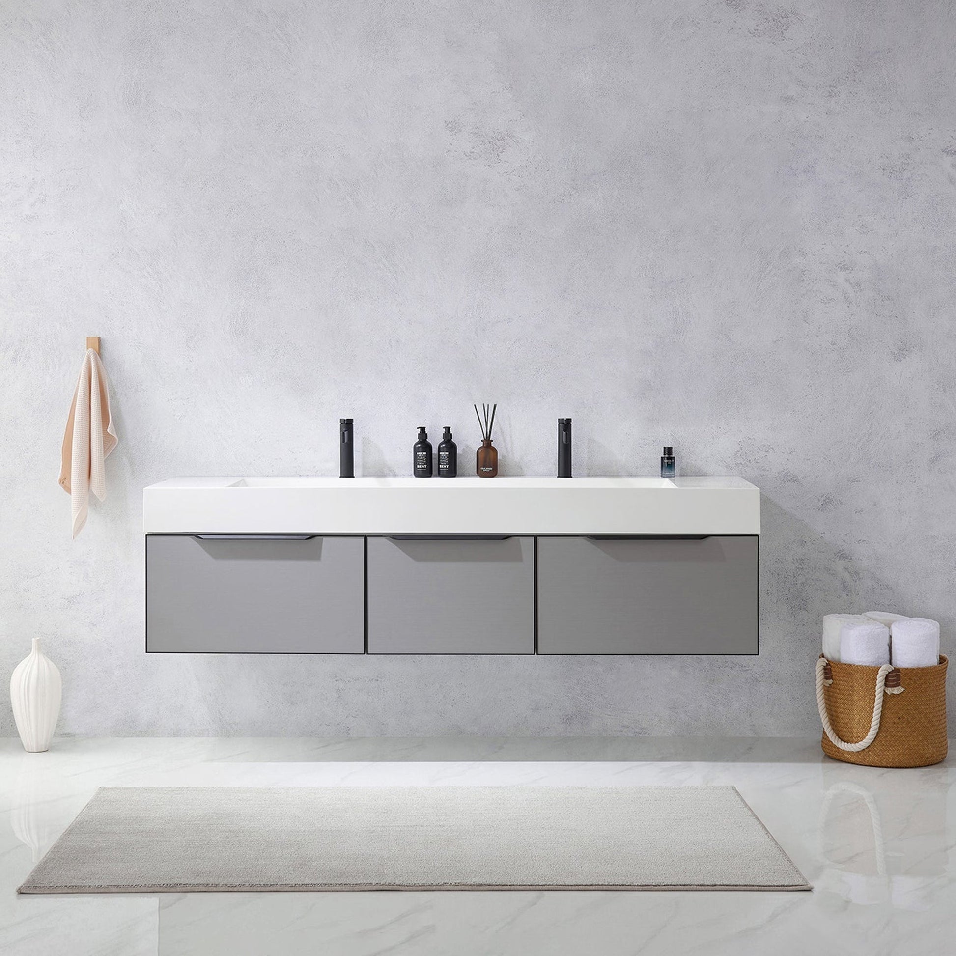 Vinnova Vegadeo 72" Double Sink Bath Vanity In Grey Finish With White One-Piece Composite Stone Sink Top