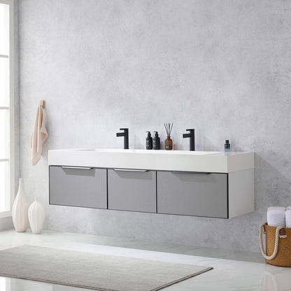 Vinnova Vegadeo 72" Double Sink Bath Vanity In Grey Finish With White One-Piece Composite Stone Sink Top