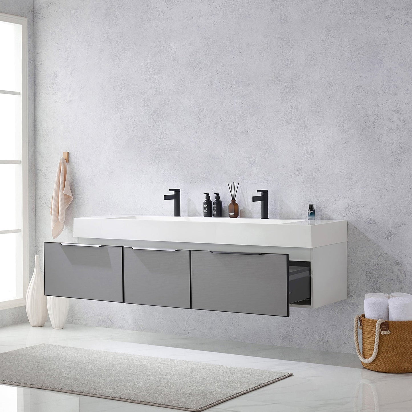 Vinnova Vegadeo 72" Double Sink Bath Vanity In Grey Finish With White One-Piece Composite Stone Sink Top