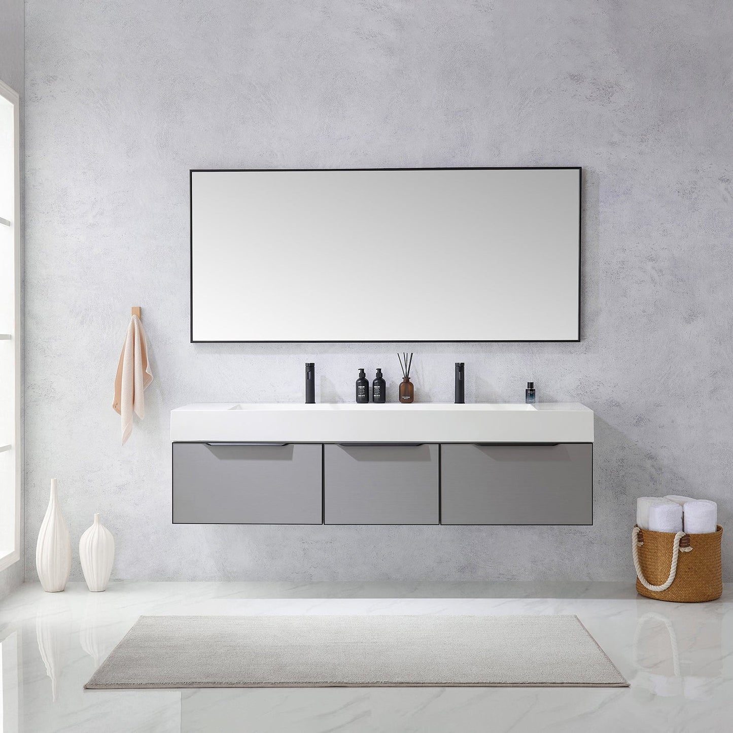 Vinnova Vegadeo 72" Double Sink Bath Vanity In Grey Finish With White One-Piece Composite Stone Sink Top And Mirror