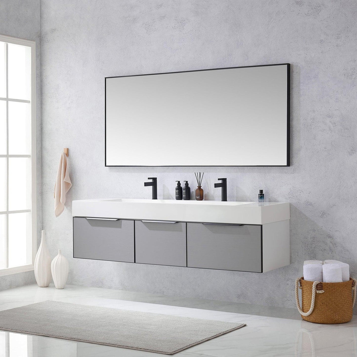 Vinnova Vegadeo 72" Double Sink Bath Vanity In Grey Finish With White One-Piece Composite Stone Sink Top And Mirror