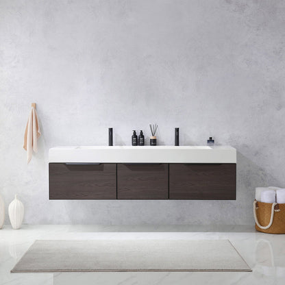 Vinnova Vegadeo 72" Double Sink Bath Vanity In Suleiman Oak Finish With White One-Piece Composite Stone Sink Top