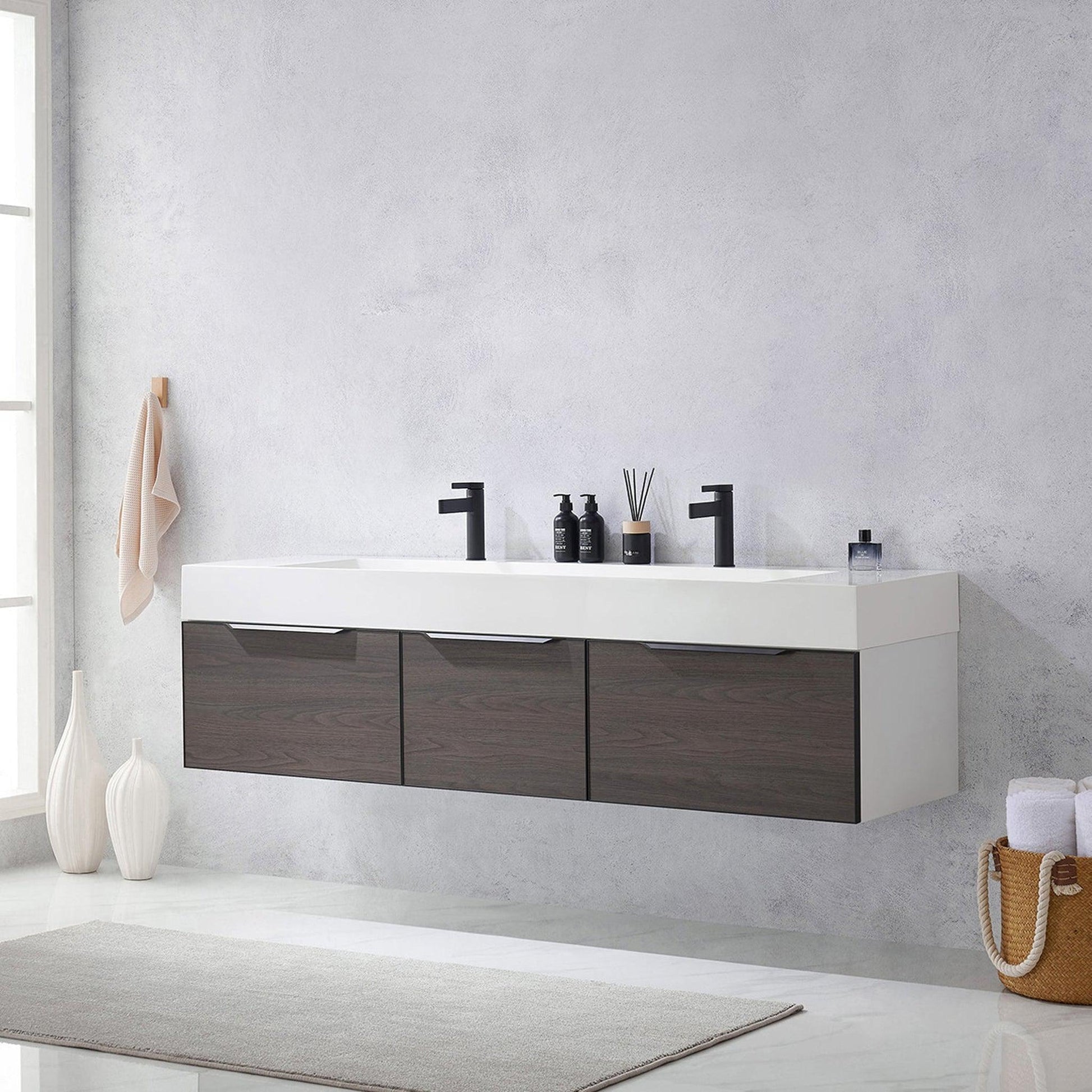 Vinnova Vegadeo 72" Double Sink Bath Vanity In Suleiman Oak Finish With White One-Piece Composite Stone Sink Top