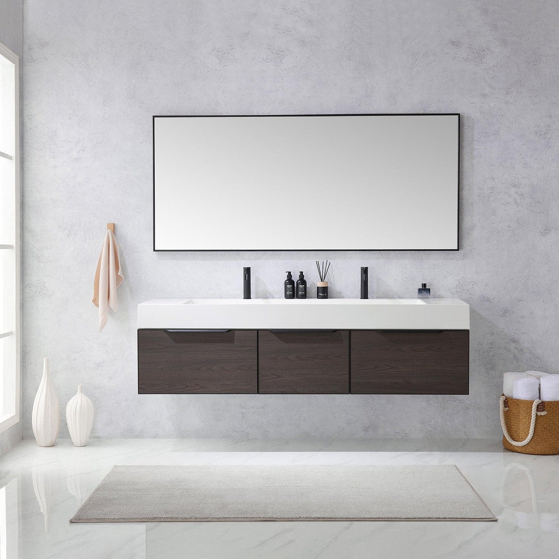 Vinnova Vegadeo 72" Double Sink Bath Vanity In Suleiman Oak Finish With White One-Piece Composite Stone Sink Top And Mirror