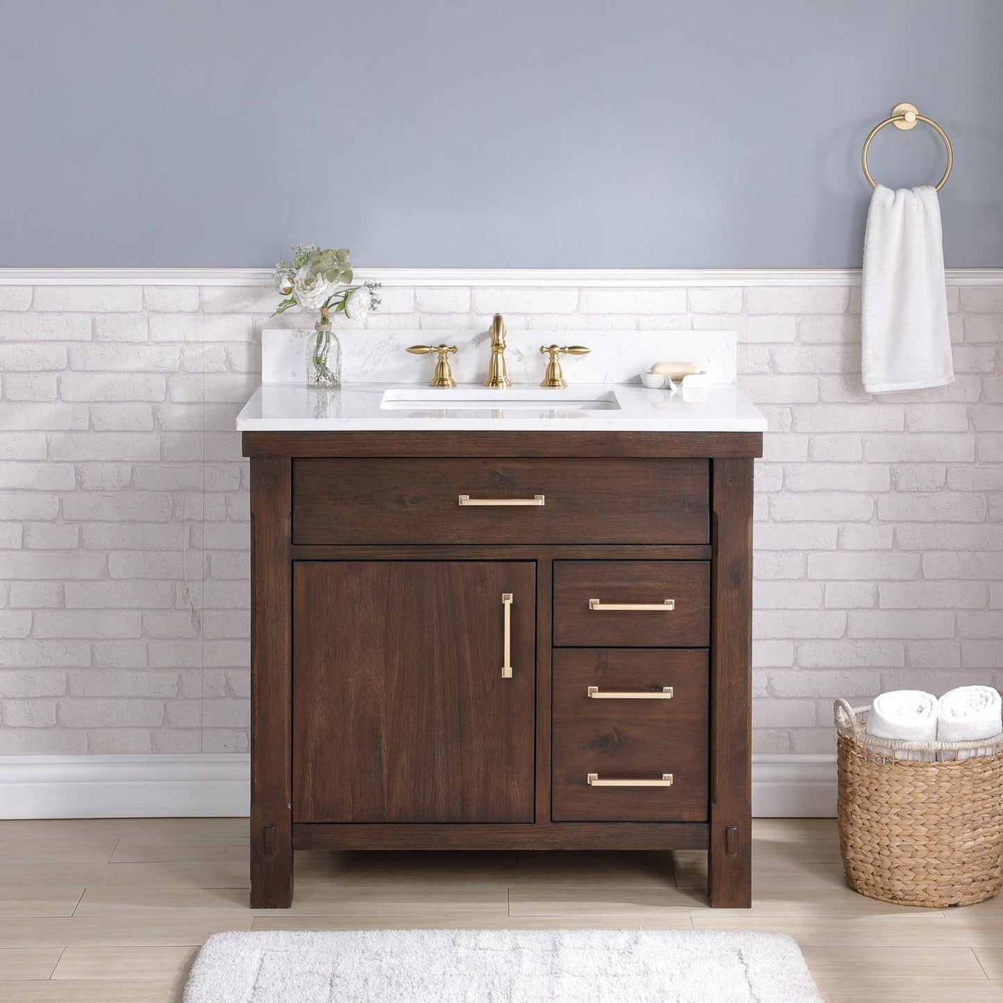 Vinnova Viella 36" Single Sink Bath Vanity In Deep Walnut Finish With White Composite Countertop