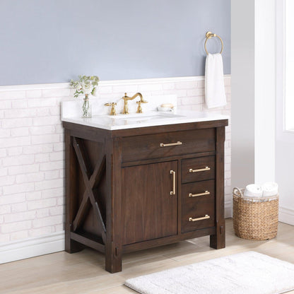 Vinnova Viella 36" Single Sink Bath Vanity In Deep Walnut Finish With White Composite Countertop