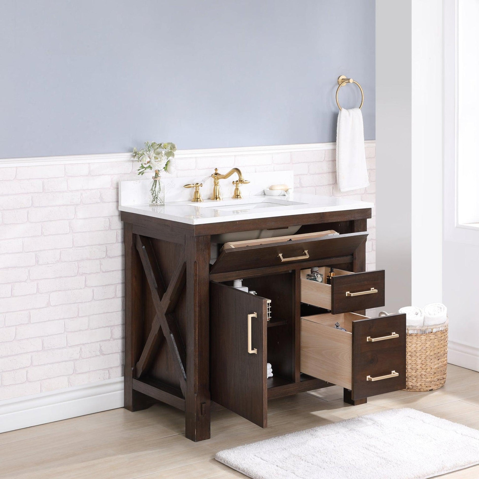 Vinnova Viella 36" Single Sink Bath Vanity In Deep Walnut Finish With White Composite Countertop