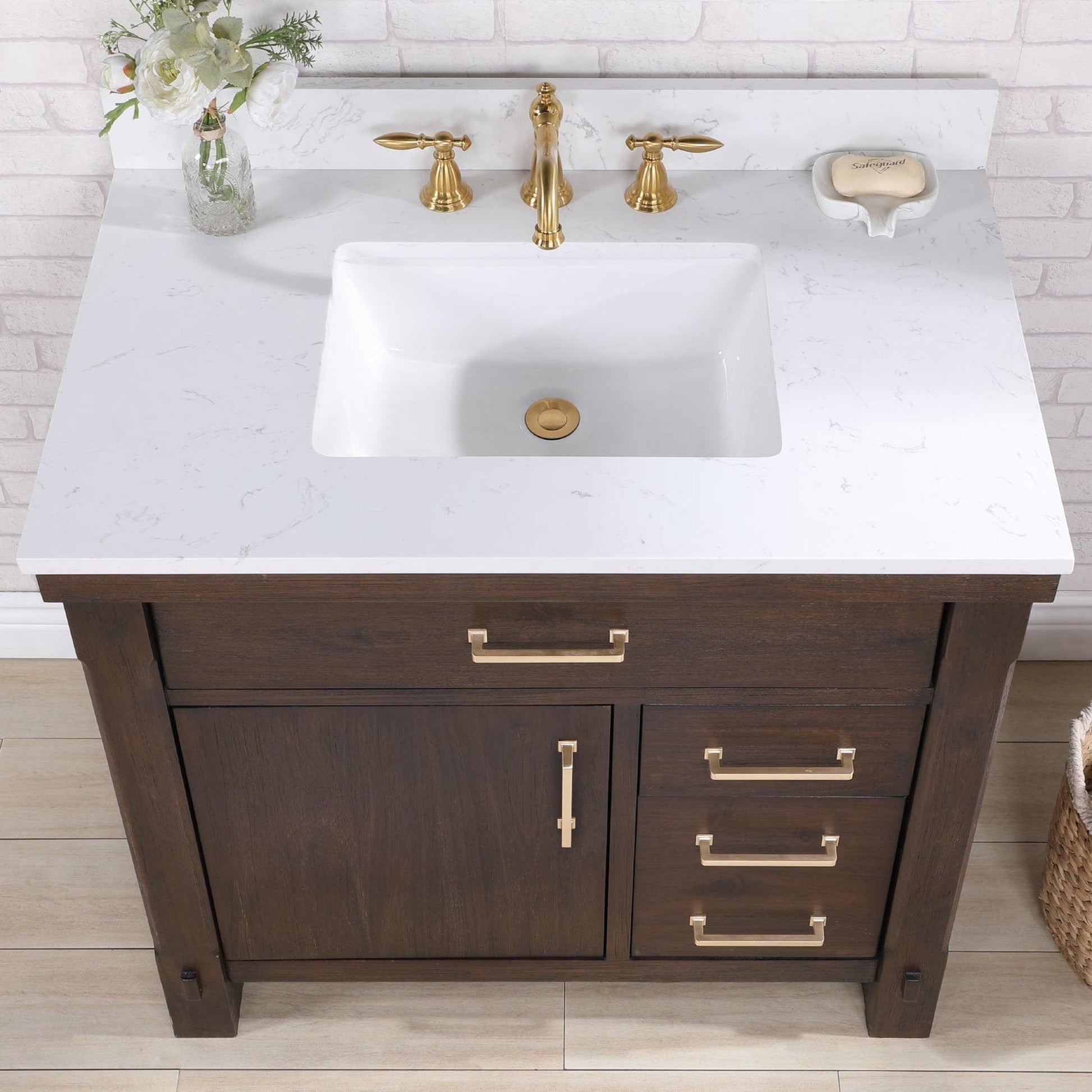 Vinnova Viella 36" Single Sink Bath Vanity In Deep Walnut Finish With White Composite Countertop
