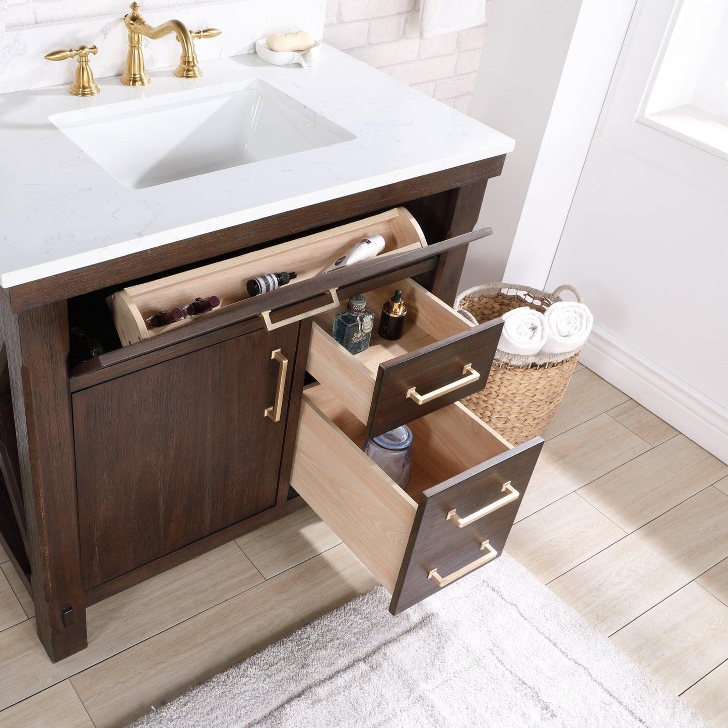 Vinnova Viella 36" Single Sink Bath Vanity In Deep Walnut Finish With White Composite Countertop