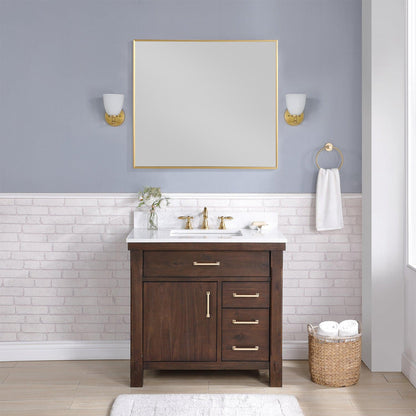 Vinnova Viella 36" Single Sink Bath Vanity In Deep Walnut Finish With White Composite Countertop And Mirror