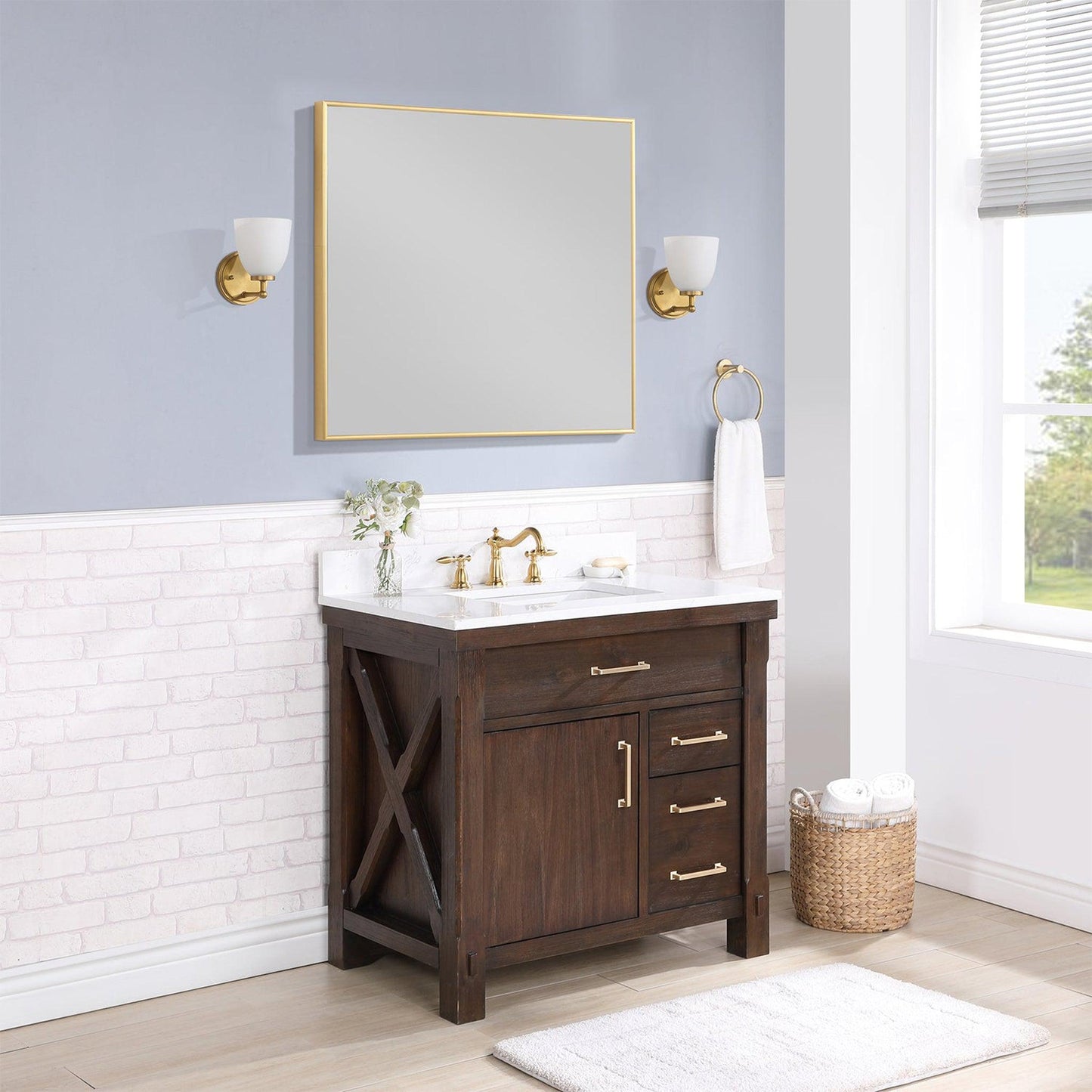 Vinnova Viella 36" Single Sink Bath Vanity In Deep Walnut Finish With White Composite Countertop And Mirror