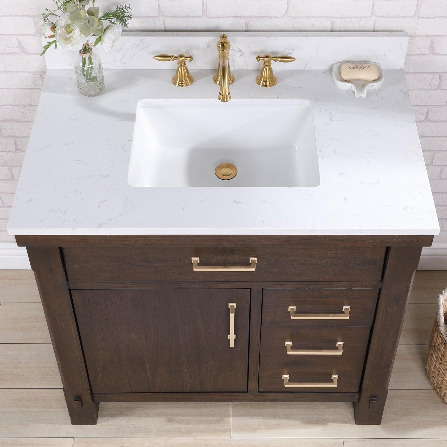 Vinnova Viella 36" Single Sink Bath Vanity In Deep Walnut Finish With White Composite Countertop And Mirror