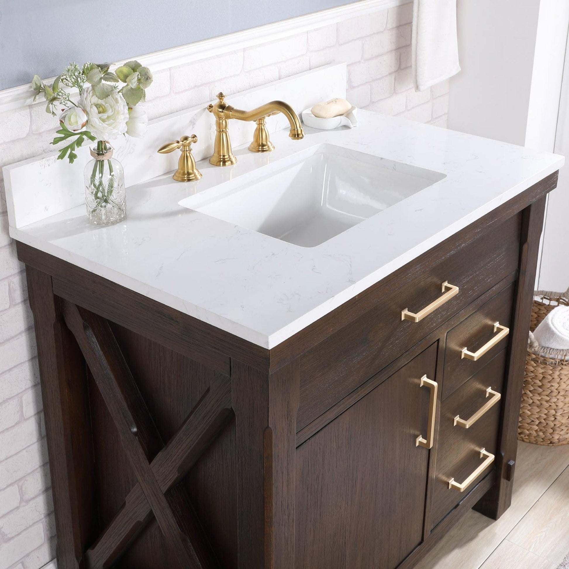 Vinnova Viella 36" Single Sink Bath Vanity In Deep Walnut Finish With White Composite Countertop And Mirror