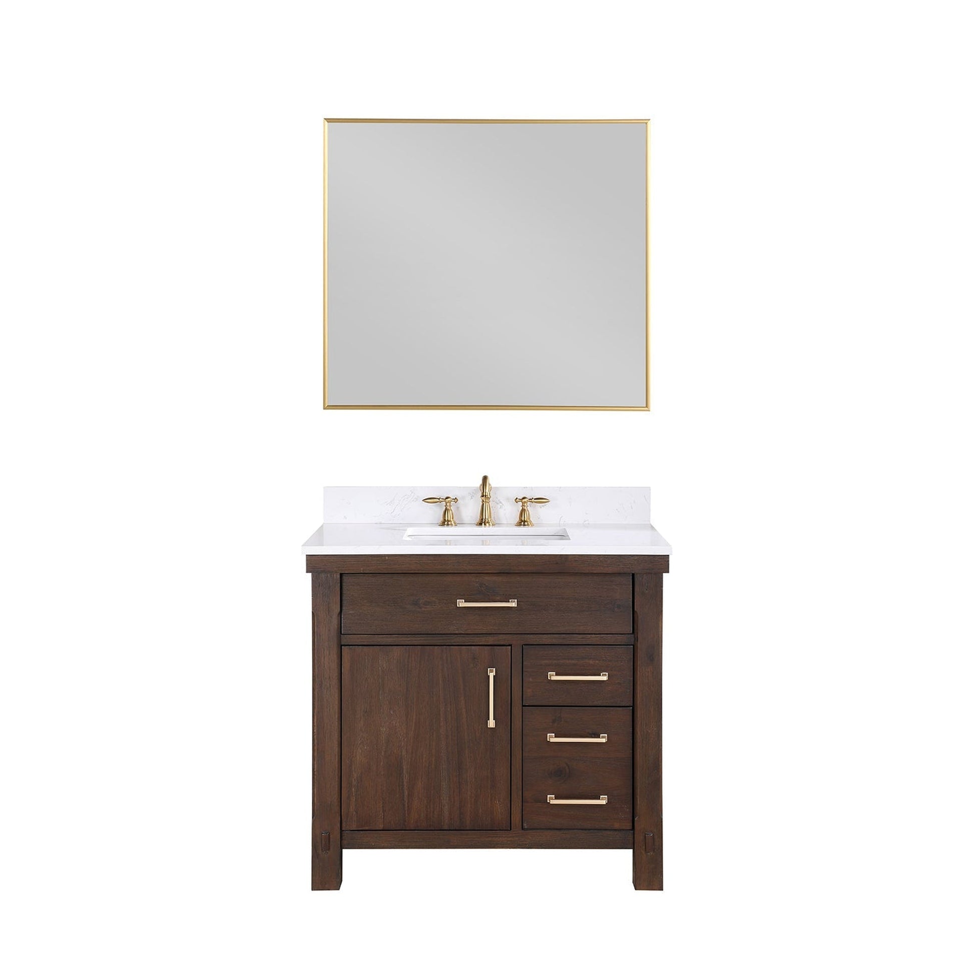 Vinnova Viella 36" Single Sink Bath Vanity In Deep Walnut Finish With White Composite Countertop And Mirror